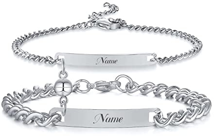 Personalisierte Partnerarmbänder Paar Armbänder: mit Gravur | Couple | Familie |Pärchen (2 Stück Silber mit Ball Magnet)