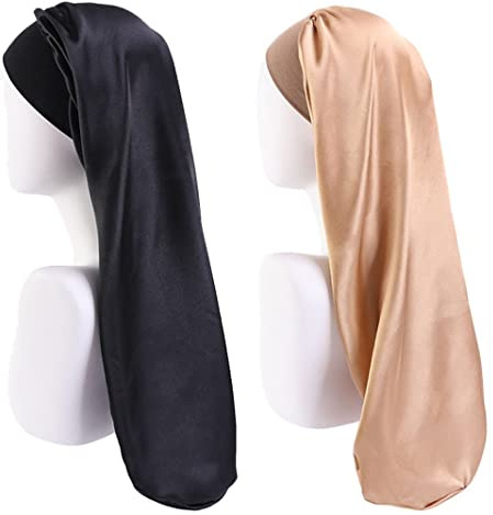 Extra große Satin-Haarhaube für Damen mit langen Haaren, Schlafhaube für Zöpfe, Locken & dickes Haar, weiche Nachtmütze zum Schutz der Haare vor Frizz und Reibung, mit breitem Gummiband, 2er-Pack