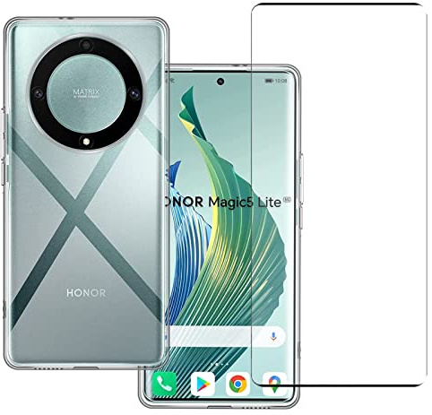 GEJEFA Funda para Honor Magic 5 Lite 5G + Cristal Templado, Transparente Suave TPU Silicona Anti-Choque y Anti-arañazos Carcasa para Honor Magic 5 Lite 5G