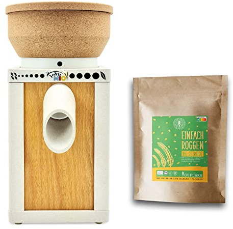 KoMo KoMoMio weiß mit Kork-Trichter + 2,5 kg Bio Roggen | Made in Austria | Edelkorund und Keramik Mahlstein | frisches Mehl