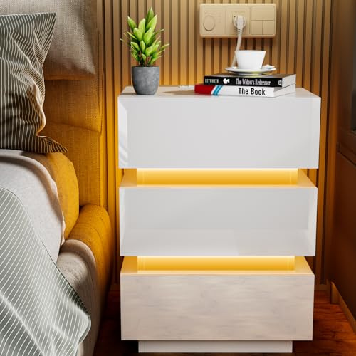 HaodaCulture Table de Chevet avec LED, Table de Nuit avec l'éclairage 16 Couleurs Lumières LED, 3 tiroirs, Table de Nuit Connectée, 2 Prises CA, 2 Ports USB, pour Salon, Chambre à Coucher 45x35x62cm