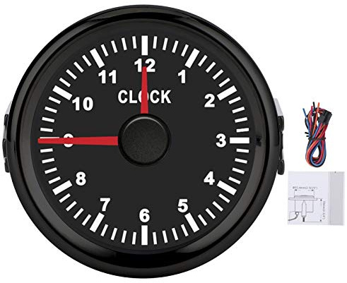 Medidor de Reloj con Esfera, Instrumento de Calibre de Reloj Universal de 52 Mm, 0 a 12 Horas, Luz de Fondo Roja, 12 V/24 V, para Coche, Barco, Yate, Motocicleta (marco negro)