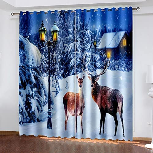 Vorhang Blickdicht Schlaufenschal Winter Weihnachten Haus Elch 2 Stücke 220 (B) X 215 (H) cm Verdunkelungsvorhang Schlaufen Gardinen Für Wohnzimmer Schlafzimmer Kinderzimmer Verdunklungsvorhänge