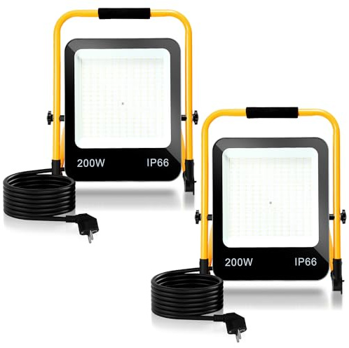Randaco LED Baustrahler, 2x200W 16000LM Tragbar LED Arbeitsleuchte Baustrahler 6000K Kaltweiß Bauscheinwerfer, IP66 Wasserdicht mit 3M Kabel und Faltbarer Ständer, für Baustelle (mit Stecker)