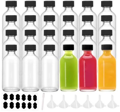 YBCPACK 24 Stück Kleine Flaschen zum Befüllen 60ml Mini Shot Glasflaschen | mit Trichter, Etiketten und Stift, Perfekt für Ingwer, schnaps, Likör und andere drinks