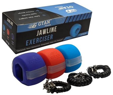 GTAN Käkträningsredskap, Käktränare (UK Fitness Brand) Förpackning med 3 (30, 40 och 60 LBS Motstånd), 12 Tuggremsor & 3 Halsband, Bygg och Stärk Din Käke för En Förbättrad Ansiktsdefinition