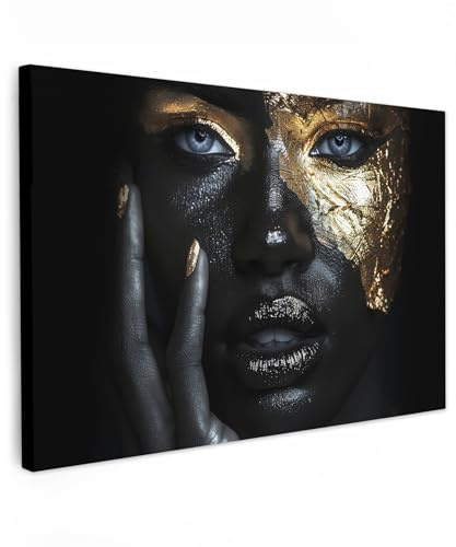 MuchoWow© Bilder Wohnzimmer Deko Modern Wandbild Foto auf Leinwand Bild | 90x60 cm - Schlafzimmer über Bett Room Decor Geschenke Frau - Gold - Porträt - Schwarz-Weiß - Luxus