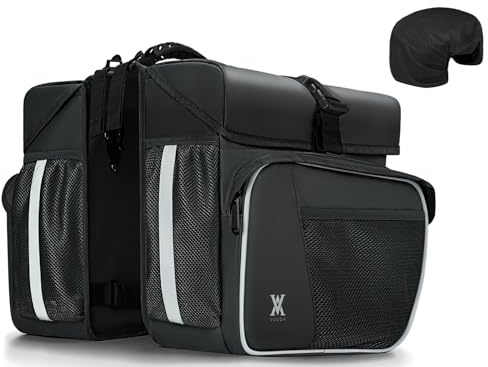 Waterproof Double Panniers Bag - 36L Saddle Bags for Rear Rack Bicycles with Safety Reflective Strips, Bicycle Commuting Pannier Fit Most Bicycle Rack with Rain Cover (with Rain Cover, Black, 36L)