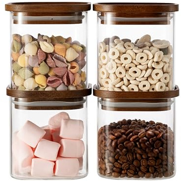 QuaLife 4-pack Förvaringsburkar (500 ml) med Trälock – Lufttäta Borosilikatglasbehållare – Stapelbara Glasburkar för Müsli & Pasta – Fyrkantig Förvaring