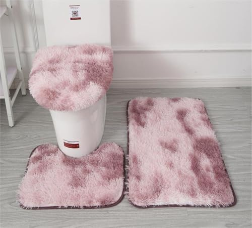 Weiche Mikrofaser-Badezimmerteppich-Set, 3-teilig, rutschfeste, flauschige Badematte und WC-Sitzbezug (rosa/lila), wasserabsorbierend, maschinenwaschbar