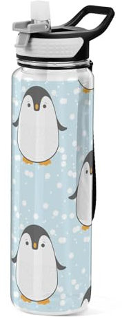 Mnsruu Transparente Sport-Wasserflasche mit Strohhalm, auslaufsichere Trinkflasche, Happy Pinguin, Tier, Fahrradflaschen für Sport, Büro, Schule, BPA-freier Tritan-Kunststoff, 1 Liter