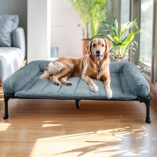 Veehoo Raised Elevated Dog Bed -Fluffy Removable Bolster for Large Dogs | Large raised dog bed, fluffy removable bolster for joint relief, nonslip, easy assembly, supports 54kg, Haze Blue 125x83x23cm