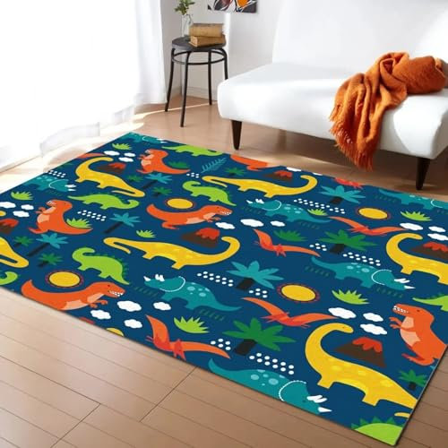 AAFUOO Tappeti con dinosauri dei cartoni animati, tappeti con dinosauri carini per bambini, tappeti con motivi animali blu, tappeti con dinosauri per la camera da letto 240 * 300 cm (95×118 pollici)