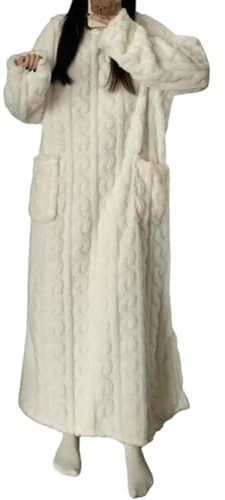 Vêtements d'intérieur en velours corail, pyjamas chauds en flanelle pour femmes, pyjamas d'hiver pour femmes, peignoir de nuit, pyjama épais, chemise de nuit en velours corail pour femmes (Blanc,XL)