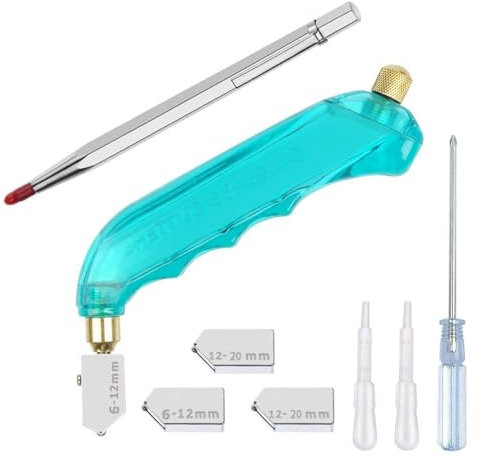 Muuoeou Glass Cutting Tool Kit Includes Blue Oil Feed Glass Cutter with 3 Extra Replacement (6mm-12mm,12mm-20mm) Easy Install Easy to Use