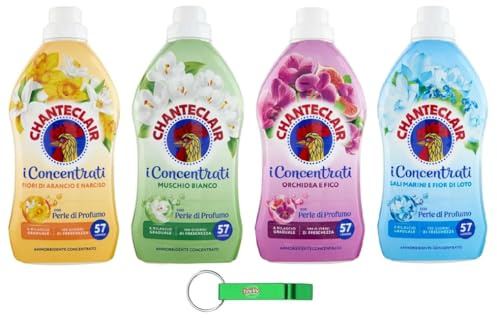 Pacchetto di prova Chanteclair I Concentrato Ammorbidente – 57 lavaggi 4 diversi profumi, 4 x 1140ml + Portachiavi gratuito Beni Culinari