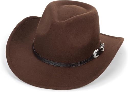 DRESHOW Cowboy Cowgirl Hatt för Pojkar och Flickor Klassisk Westernfilt Fedora Bältesspänne Retro Panama Hattar Unisex Upprullade Kepsar för Barn 4-12 År