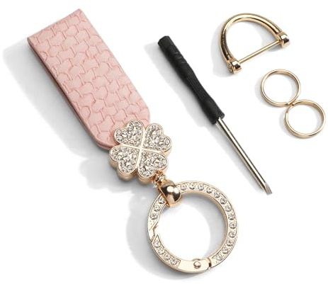 Gallkeat Llavero de piel para coche, llavero universal con colgante de trébol, amuleto de la suerte, llavero para llaves de apartamento, con anillo antipérdida y 1 destornillador, Rosa., Talla única