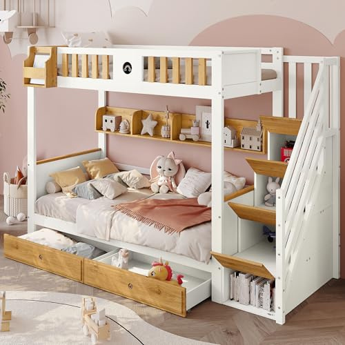Huayz Letto a castello 90 x 200 cm, con lavagne, scale con vano portaoggetti e cassetti, letto a soppalco per 2 bambini, letto a soppalco con rete a doghe e protezione dalle cadute, senza materasso