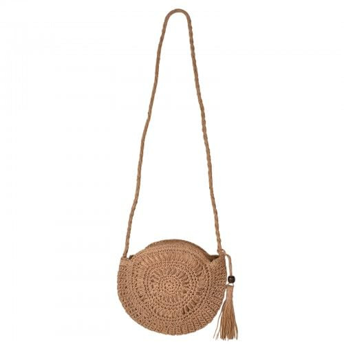 DecorDwell Bolso de Bandolera Paja, Bolso Mimbre Pequeño, Bolso Verano Paja Bohemio, Bolsos Tejidos Crochet, con Cremallera y Borla, para Vacaciones, Fiesta, Citas (Círculo-Caqui)