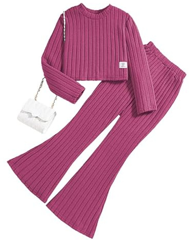 JiAmy Set di abbigliamento da bambina con leggings svasati, per autunno e inverno, a costine, a maniche lunghe, top corto in tinta unita, 7-11 anni, Rosso rosato, 10-11 Years