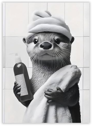LunarCharm - Badezimmer Deko Poster: Ein kleiner lustiger Otter mit Bademütze - Witziger Poster, Badezimmer-Leinwandbild, Ohne Rahmen - 20 X 30 cm