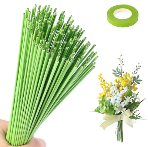 msymsyu 100 unidades de alambre verde para manualidades, 2 mm x 30 cm, alambre verde claro, alambre para flores, con 1 rollo de cinta adhesiva para floristería, alambre de floristería, para