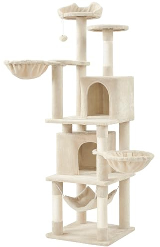 Abician Grand Arbre à Chat XXL 174.5cm, en Sisal, Tour pour Chats à Grimper avec 2 Cachettes/3 Plateformes/2 Paniers/Hamac, pour Chats Gros, Beige
