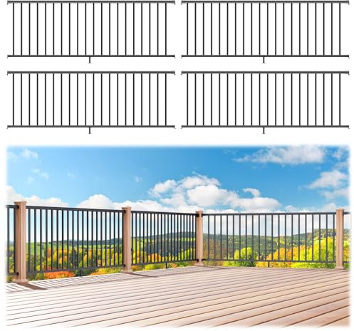 Egadis Lot de 4 balustrades de porche et de terrasse sans poteau, kit de garde-corps en aluminium, système de rail de finition poudrée texturée noire pour terrasses, porches et balcons extérieurs