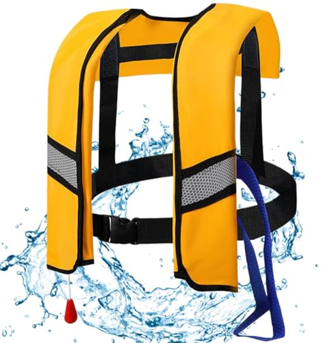 Giubbotto di salvataggio gonfiabile automatico, giubbotti da bagno a fibbia regolabile da 150 N automatici con strisce riflettenti e fischio per bambini adulti, niente cilindri a gas, gialle e gonfia