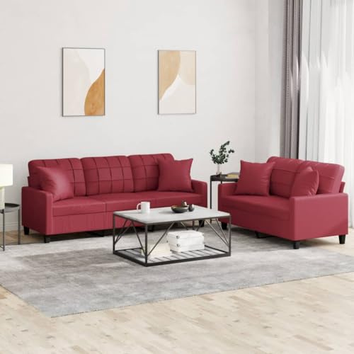 Qnhdfrt Ensemble de canapé 2 places 138 cm et 3 places 198 cm en cuir synthétique avec 4 coussins Rouge bordeaux