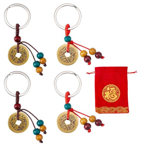 SUPERFINDINGS 4 Pièces Porte Clés Feng Shui Pièces Chinoises Chanceuses Portes Bonheur Pendentif Pièce Feng Shui En Cuivre Avec 1 Sac à Cordon pour Richesse Fortune Santé