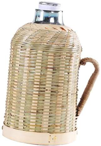 NUOBESTY Bollitore Termico in Bambù Intrecciato 1,6l Rivestimento in Vetro Sottovuoto e Coperchio, Brocca Isolata Manico per Casa, Ufficio e Campeggio, Bottiglia D’acqua Calda