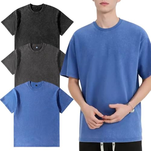 Men’s Oversized T-Shirt,Pack of 3, Men's Basic Cotton T-Shirt Summer，Retro Washed Top, Unisex Fashion, Hip Hop Vintage Casual Tee Shirts