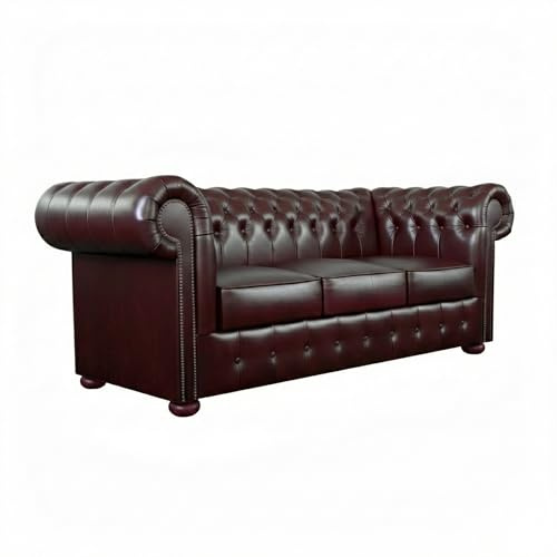Generisch VELCHESTER Chesterfield Sofa 3-Sitzer - 200 cm – Burgund - Italienisches Echtleder – Handgefertigt in Einer polnischen Manufaktur – Luxuriöses Design für Wohnzimmer und Büro