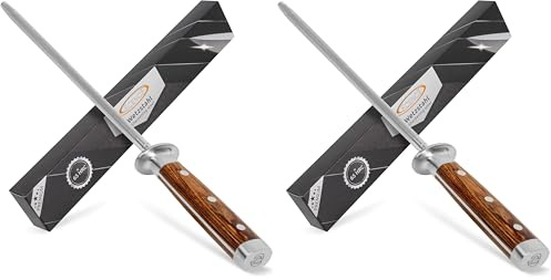 ECENCE Acciaino Affilacoltelli, Affilatore professionale di coltelli in acciaio inossidabile (65HRC), asta di affilatura con impugnatura in legno, 39cm (Confezione da 2)