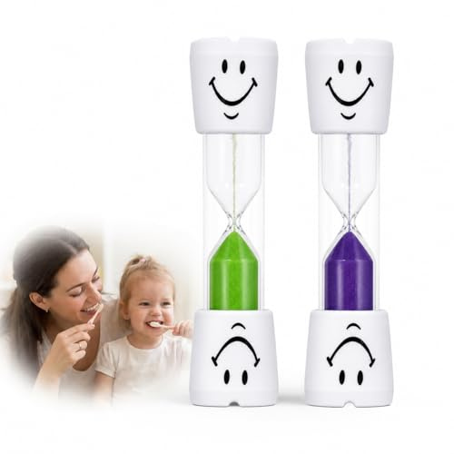 2 Temporizador Dientes Niños 3 Minutos, Reloj de Arena para Cepillo de Dientes de Carita Sonriente, Reloj de Arena Multifuncional Adecuado para El Hogar Oficina Cocina y los Juegos (Verde + Morado)
