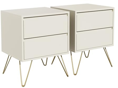 Garvis Home Nachttisch 2er Set, Nachtschrank mit 2 Schubladen, MDF Nachtkonsole mit goldenen Hairpin-Legs, Retro Beistelltisch für Boxspringbett, inkl. Kippschutz (Creme)