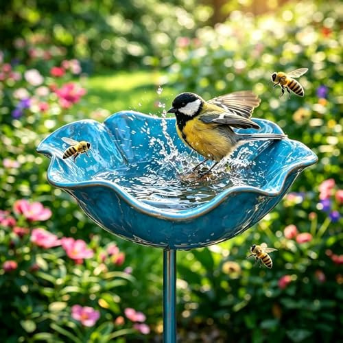 Vogeltränke Hängend Bienentränke Blume für den Garten, Frühlingsdeko Draussen Gartenstecker,Vogeltränke Winterfest,Dekorative Fütterschale für Vögel und Bienen(Blau)