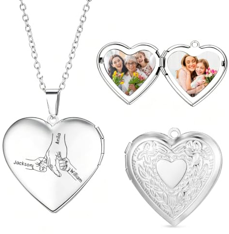 Presentimental Collier Photo Personnalise Medaillon Coeur Avec Photo Prenom Grave Collier En Acier Inoxydable Cadeau Pour Maman Femme Copine Fille Anniversaire Fete Des Meres Noel (3 Noms - Argent)