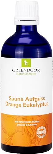 GREENDOOR Sauna-Aufguss Natur Orange Eukalyptus 100ml, ergiebiges Konzentrat mit Bio Alkohol + reinen natürlichen ätherischen Ölen, Saunaduft für Ihre Auszeit, Sauna-Aufgüsse ohne Zusätze