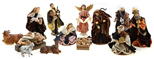 ELLUG Krippenfiguren Set 13tlg mit Kleidern, Heilige Familie, Heilige 3 Könige, Engel & Hirten H.: 17cm Weihnachtskrippe Figuren Krippenzubehör Weihnachtsdeko