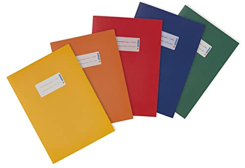 HERMA 20230 Heftumschläge A5 Papier Sortiment, 5 Stück, Hefthüllen mit Beschriftungsfeld aus extrem kräftigen Papier & satten Farben, Heftschoner Set für Schulhefte, farbig