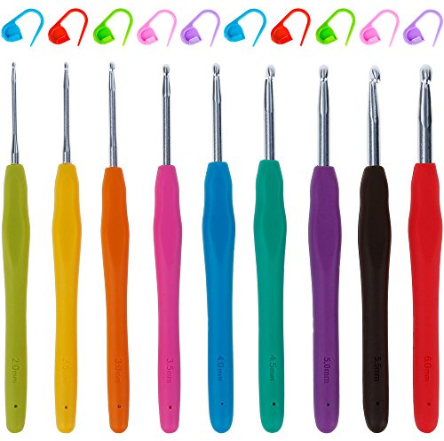 Anpro 9pcs Crochet en Aluminium - Multicolore Tricot Outils avec Poignée en Caoutchouc, Kits pour le Tricotage Manuel de Dentelles, Tapis de Fleurs, Pulls et Bonnets