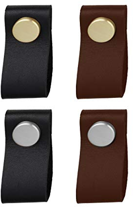 Natural Goods Berlin Möbelgriffe SCHLUPPE echtes Leder Design Möbelknöpfe Metall Möbelknauf Türgriff Schränke, Kommode, Sideboard Küchenfront Schubladengriff Wandhaken (10, Schwarz/Gold (gebürstet))