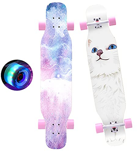 Longboard 43 Zoll, Komplettes Skateboard mit LED-PU-Rädern und Schutzausrüstung, 7 Etagen Ahornholz Longboard für Anfänger Kinder, Teenager, Jungen, Mädchen und Erwachsene (Katze)