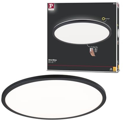 Paulmann 70999 LED Panel Atria Shine 3-Step-Dim rund Dimmbar Warmweiß, Lichtpanel Kunststoff Deckenpanel 3000 K, Schwarz, Incl. 1 x 22 W, Ø 420 mm