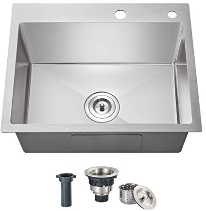 OUGOO 23x18 Inch Kitchen Sink, Handmade 304 Stainless Steel Sink, 9 Deep Single Bowl with Brushed Finish, Topmount with 2 Holes, R10 Tight Corner, for Modern Kitchen/RV/Outdoor Sink