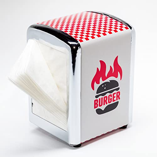 Home-Flair Premium Retro Serviettenspender im Diner-Stil – Metall Serviettenhalter inkl. 60 Servietten (Burger Motiv) – Ideale Tischdeko für BBQ, Grillparty & Küche