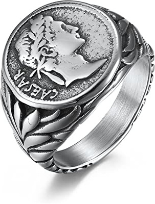 Hoisy Edelstahl Ringe Herren Silber, Fingerring Gothic Caesar Ring Herren Silber Siegelring Hip Hop Ring Größe 54-62